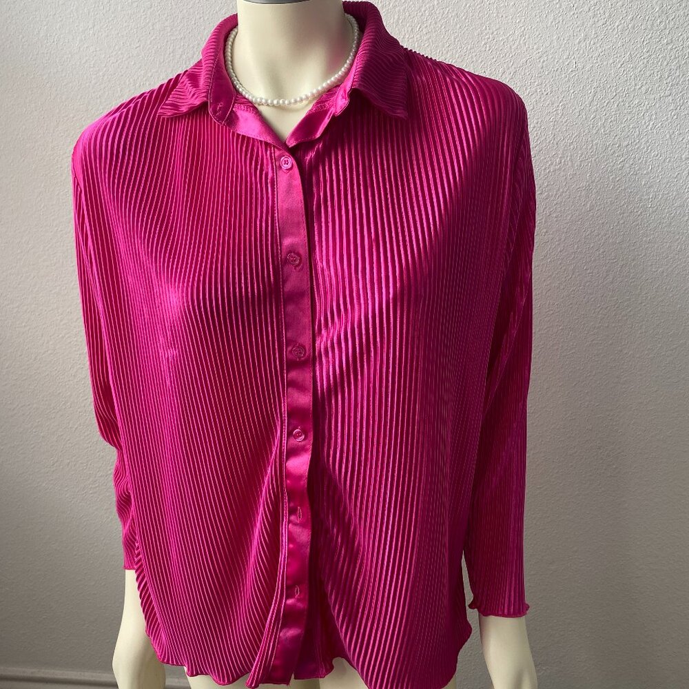 Truself Womens Blouse Medium Pink V-Neck Collared Long Sleeve Stretch Retro